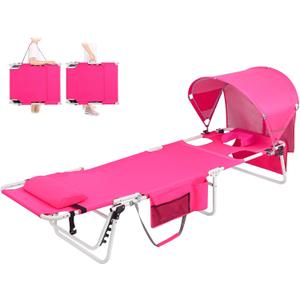 Tanning Chair with Sun Canopy Face Hole, Heavy Duty Folding Chaise Lounge Chair 5 Position Reclining for Adults Outside Reading Sunbathing Poolside Beach, UPF 50+ Sun Shade, 300 LBS, Pink