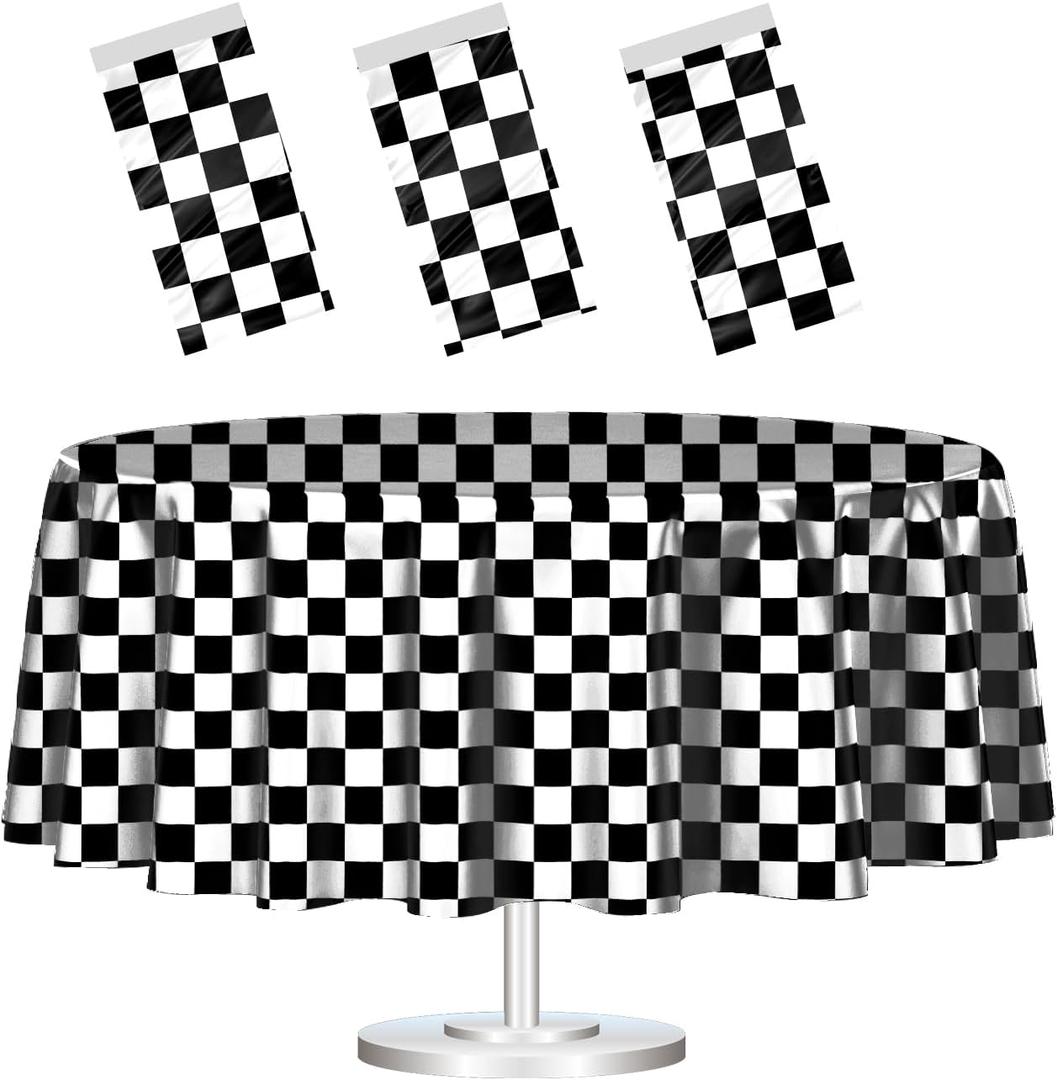 3 Pack Black and White Round Checkered Tablecloth 84 84 Checkered Table Cover Disposable Tablecloth for Round Tables Race Car Theme Party Birthday Picnic Camping Checkered Round Plastic Table Cloth