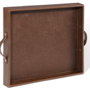 Ranslen Square Leather Serving Tray with Handles, 15"x15" Decorative Table Tray for Home, Ottoman, Coffee Table, Brown