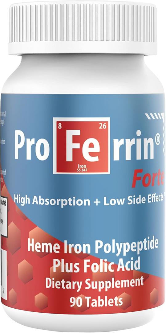 Proferrin Forte-12mg of high Absorbing Heme Iron Polypeptide. Easy on The Gut. 90 Tablets. 1mg of Folic Acid to aid in red Blood Cell Production. Not affected by Coffee, Calcium, or PPI's. 02/2026