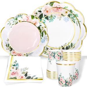 Whaline 100Pcs Pink Floral Paper Tableware Set Spring Flower Gold Foil Disposable Dinnerware Scalloped Plates Napkins and Cups for Wedding Birthday Baby Bridal Shower Party Supplies Table Decor