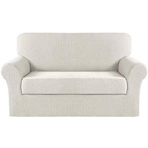 Turquoize Stretch Sofa Slipcover 2 Pieces Sofa Cover Couch Cover for 2 Cushion Couch Washable Furniture Protector Covers with Elastic Bottom Feature Thick Jacquard Fabric (Loveseat, Ivory)