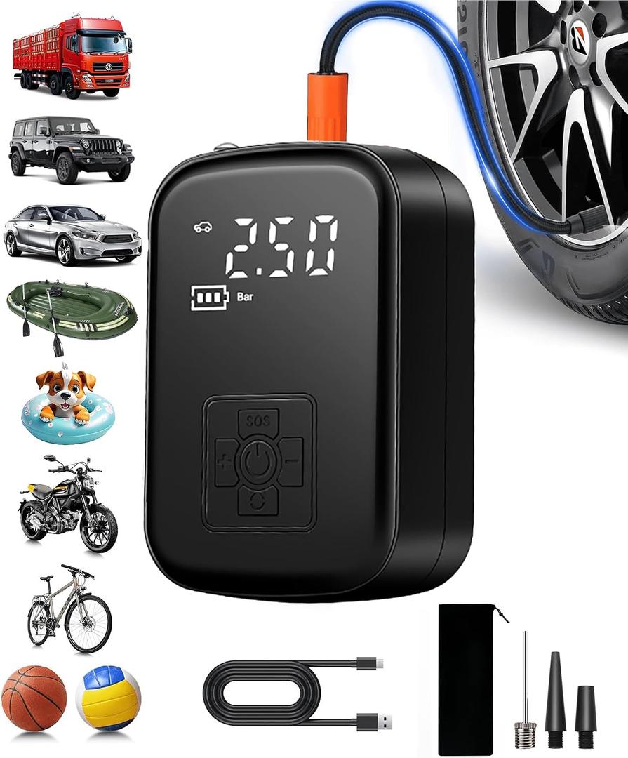 Tire Inflator Portable Air Compressor for Car, 150 PSI Cordless Mini Bike Tire Pump, Air Pump for Auto, Motorcycle, Bicycle, Balls with Pressure Gauge LED Light