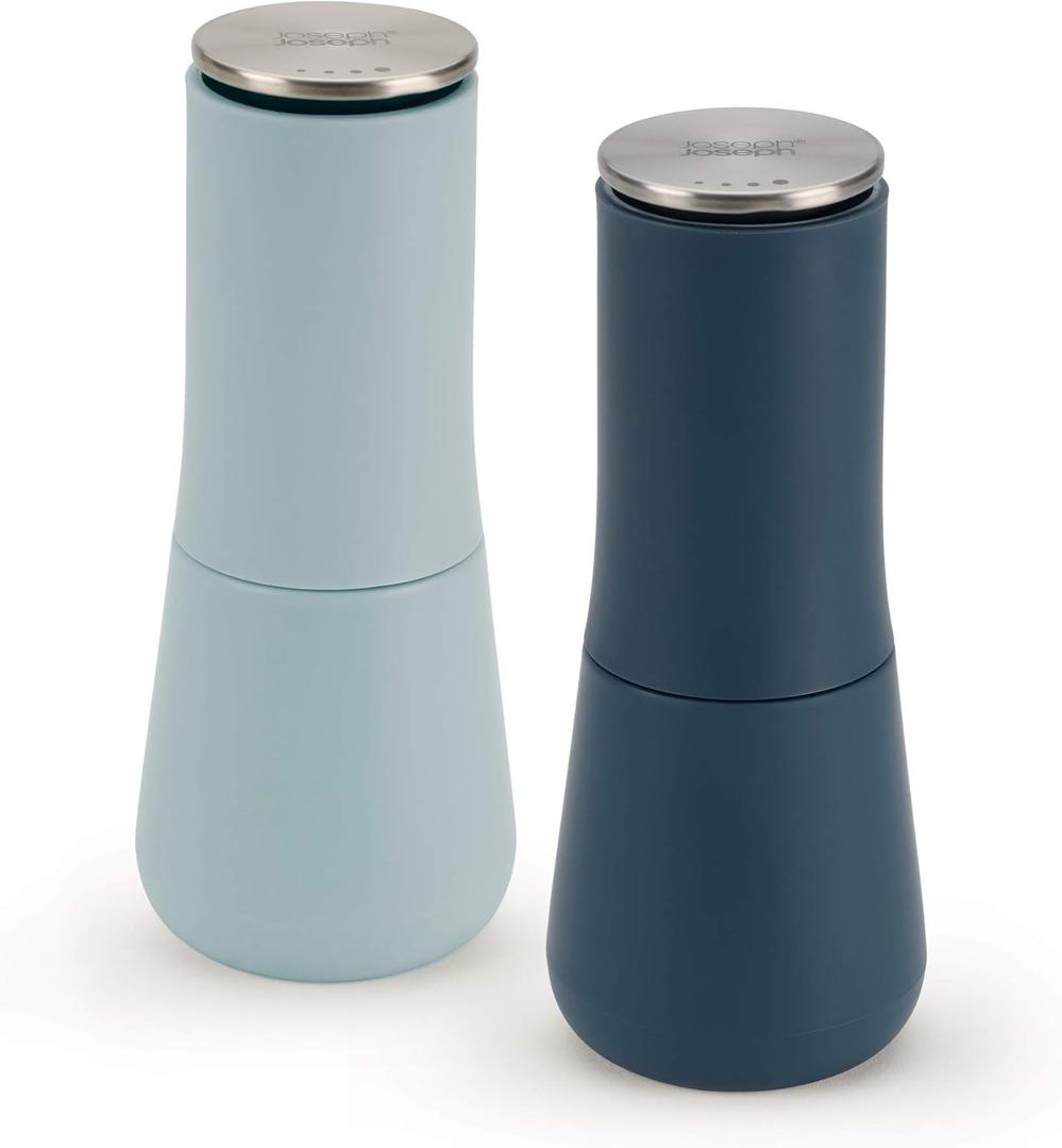 Joseph Joseph Milltop Non-Spill Salt and Pepper Mill 2-piece Set, Refillable with Ceramic Grinder, Adjustable Grinding Size, Blue