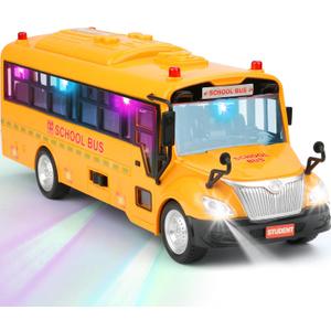 Yellow School Bus Toy for Kids1/16 Scale Interactive Friction-Powered Car with 4 Different Flashing Lights & Sounds, Open Doors & Realistic Design Preschool Learning & Role Play