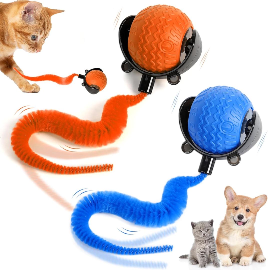 2PCS Interactive Cat Toy for Indoor Cats, Speedy Ball with Tail, Automatic Moving Cat Balls for Bored Indoor Adult Cats, Two Speed Adjustment,360Automatic Rolling Ball Toy (Blue+Orange)