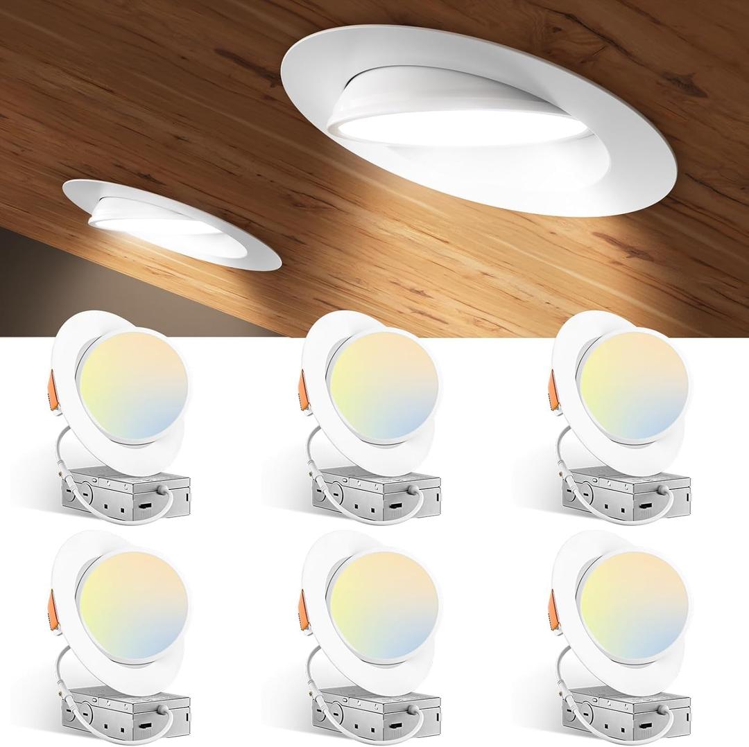 Amico 6 Pack 6 Inch 5CCT Gimbal LED Recessed Lighting, 360&90 Adjustable Eyeball Directional Downlight, Dimmable, 2700K/3000K/3500K/4000K/5000K Selectable, CRI90+ 12W 1200LM, ETL&FCC (White)