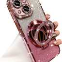 Magnetic Kickstand Glitter Case for iPhone 15, [Compatible with Magsafe] Luxury Bling Sparkly Rhinestones Diamond with Camera Protector & Makeup Mirror Women Girls Case for iPhone 15 6.1", Pink