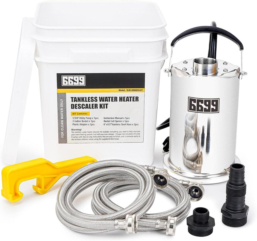 Tankless Water Heater Flushing Kit Includes 1/3HP Stainless Steel Sump Pump with Two Adapters & 3 Gallons Pail with Bucket Lid Opener & Two 1/2 Dia X 6 Hoses with Washers