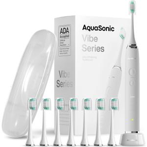 Aquasonic Vibe Series Ultra-Whitening Toothbrush  ADA Accepted Electric Toothbrush - 8 Brush Heads & Travel Case  40,000 VPM Motor & Wireless Charging - 4 Modes w Smart Timer  Optic White