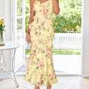 MEROKEETY Summer Floral Wedding Guest Maxi Dress Womens 2026 Spring Formal Bodycon Ruffle Spaghetti Strap Cocktail Long Dress (Yellow, M)