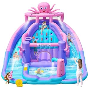 Inflatable Bounce House Water Slide Combo, Blow Up Water Slides for Backyard, Kids Jumper with Climbing Wall, Basketball Hoop, Splash Pool with Blower (Octopus Water Slide)