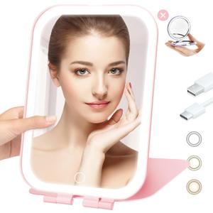 Travel Mirror with Light, Rechargeable Portable Makeup Mirror with Battery-Powered, 3 Colors LED Lighting, Dimmable Touch Screen Vanity Lighted Mirror