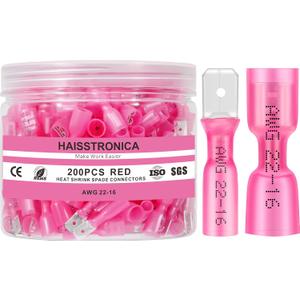 Haisstronica 200PCS Red Heat Shrink Spade Connectors,AWG 22-16 Heat Shrink Spade Terminlas Kit, Speaker Wire Connector, Male and Female Electrical Quick Disconnect Wire Connectors
