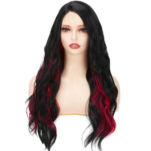 Black and Red Long Wavy Wig for Women Red Black Ombre Synthetic Heat Resistant Cosplay Costume Wigs