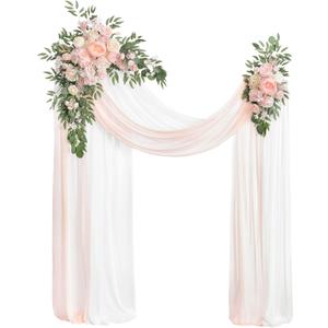Ling's Moment Pink White Artificial Wedding Arch Flowers Kit Pack of 4, 2pcs Hanging Flower Arrangement 2pcs Chiffon Drapes Ceremony Reception Silk Rose Arbor Backdrop Floral Garden Outdoor Decoration (Pk-blush & Cream)
