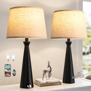 Seealle Modern Table Lamps Set of 2 - Touch Bedside Lamp for Nightstand with USB C+A,3-Way Dimmable Black Nightstand Lamps for Living Room Bedroom End Table with Beige Shade(Bulb Included)