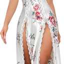 CRIPOM Silk Lingerie Dress for Women Long Sexy Nightgowns for Women Lace Chemise with Thong 2 Piece S-XXL