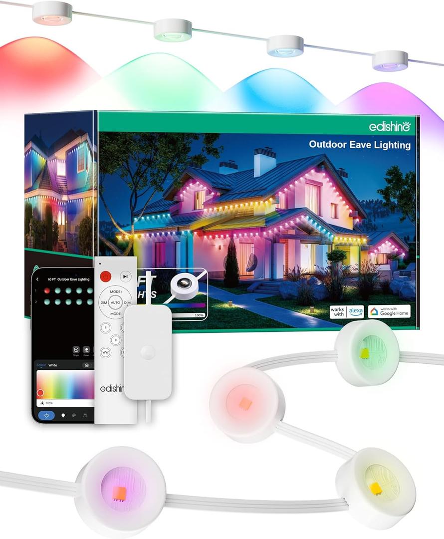 EDISHINE 120ft Smart Permanent Outdoor Lights, 80 LED RGB+IC+Warm/Cool White Eave Light, App+Voice+Remote Control, 50 Scene Modes, IP67 Waterproof for House New Year Decor, Alexa Google Enable