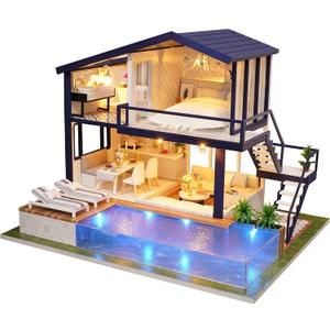 CUTEROOM Miniature House Kit, DIY Dollhouse Kit for Adults to Build, Mini House Making Kit with Furnitures, Time Apartment Dollhouse Kit with Swimming Pool Gifts for Women