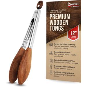 Boxiki Kitchen Wooden Tongs for Cooking - Nonstick Kitchen Salad Tongs for Serving Food, Grilling, Cooking, BBQ and Tossing Salad - Made of Natural Walnut Wood, Size 12-inch