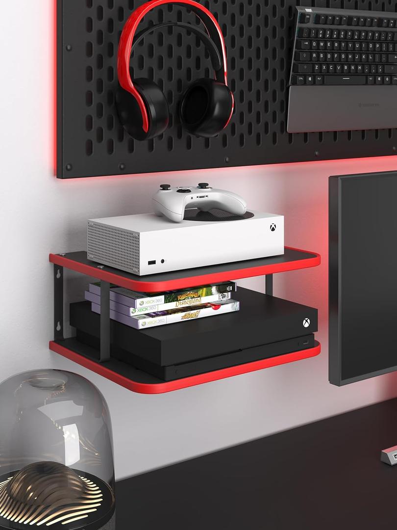 Floating Under TV Game Double Shelf Stand for Xbox Series S/X, Projector/Router/Entertainment Center, Projector Holder Accessories, Black/Red