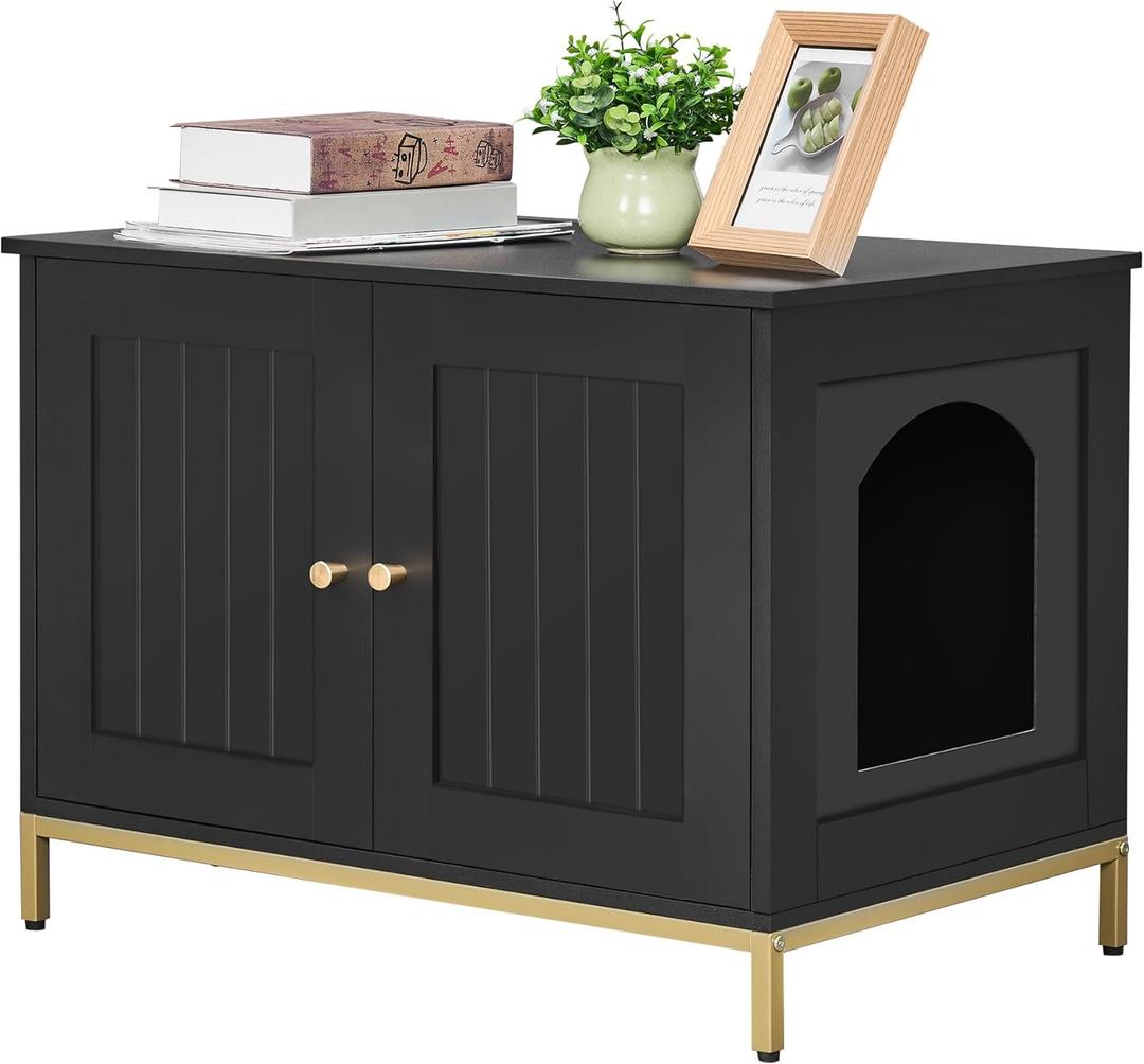 Homhedy 28.3" L Cat Litter Box Enclosure with Metal Frame, Black and Gold