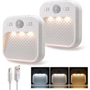 Led Night Light with Motion Detector 2 Pack, Cabinet Light Dimmable with Timer Function, Staircase Lighting 3 Color Temperature 3000/4500/6000K, Hallway Light Rechargeable 600mAh for Children's Room (White_CCT_2)