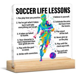 Soccer Gifts for Men Boys, Inspirational Gifts for Soccer Player Lover Fans, Acrylic Plaque Sign with Wooden Stand Home Office Decor