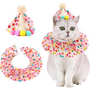 Pet Birthday Hat Scarf Set Puppy Princess Costumes Cute Lace Cat Outfit Dog Colorful Dots Bandana Pom-pom Cone Hat Cat Happy Birthday Decorations Pet Party Supplies