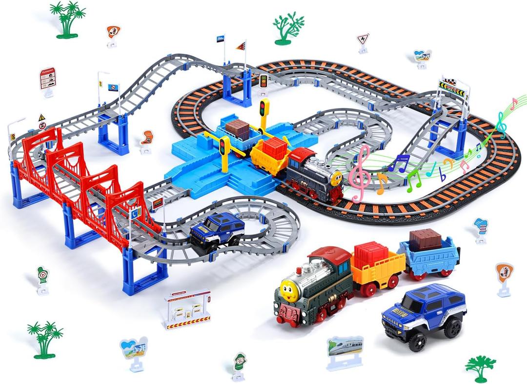CUTE STONE Toy Train Set for Toddler, Train Track Set with Cars, Electric Train with Realistic Sound, Train Track Playset for 3 4 5 Years Old Girls Boys