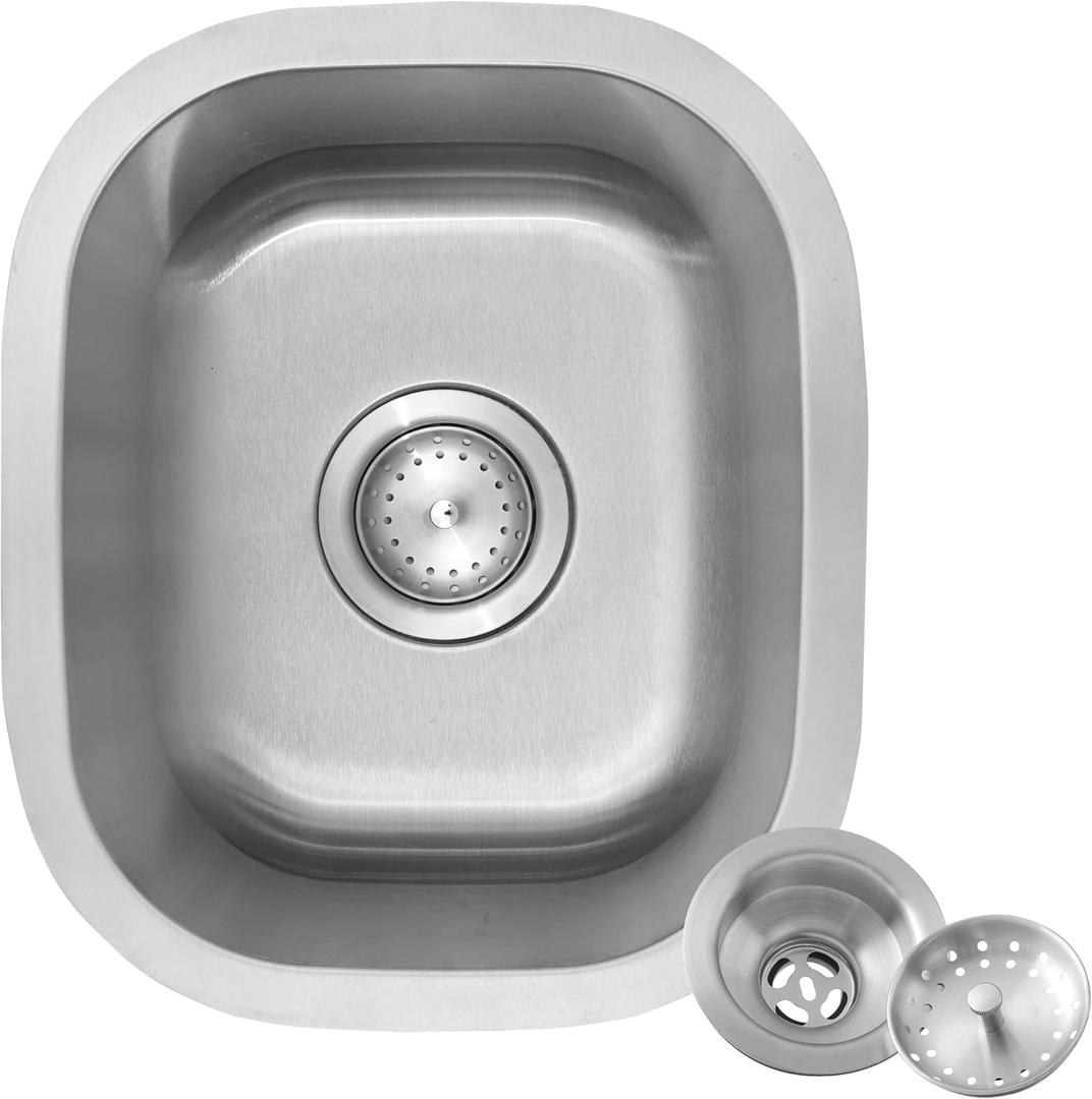 Bar Sink, 1512 Undermount Sink, Stainless Steel, Small, RV and Outdoor Sink With Kitchen Sink Drain Assembly (14.96 x 12.6)
