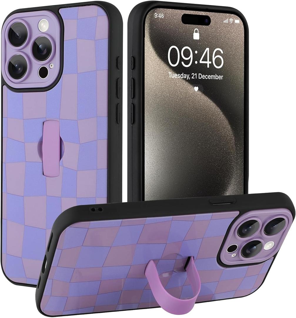 SOKAD for iPhone 15 Pro Case with Finger Strap Kickstand, Purple Checkered