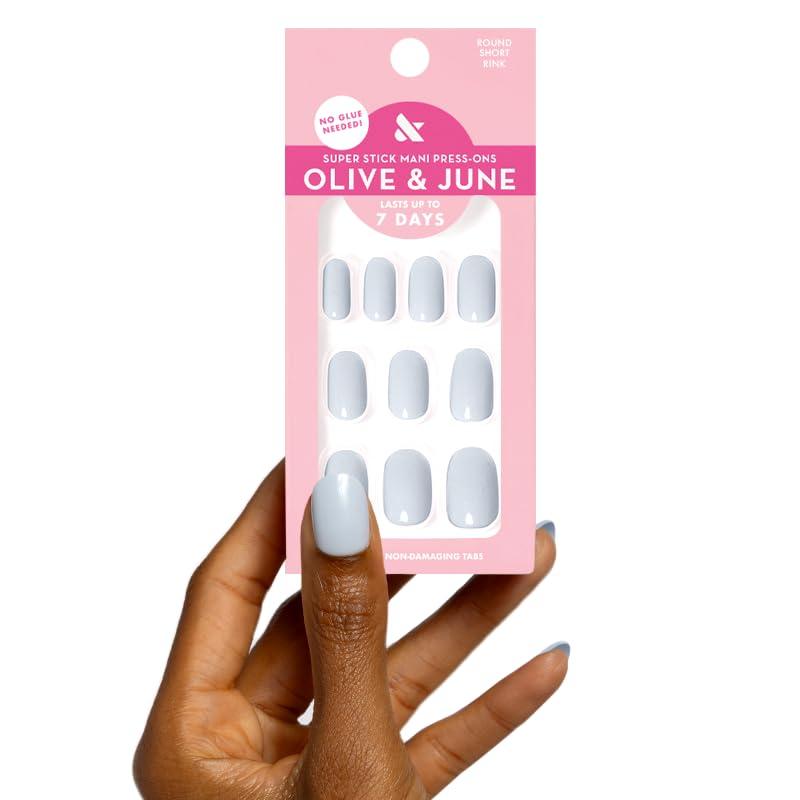 Olive & June Classic Super Stick Mani Press On Nails | Short, Round | No Glue Needed | 32 Tab Nails in 16 Sizes | Non-Toxic Tabs Easy On-Off Non-Damaging Realest Look | 7-Day Wear | Rink Pastel Blue