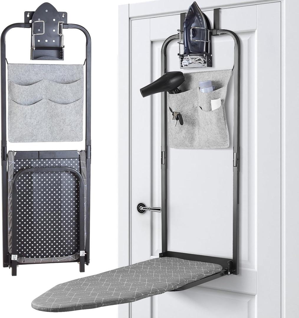 Seiritex Over the Door Ironing Board 14x42 inches with Iron Holder and Pocket Storage Bag, Hanging Iron Board for Home Laundry Room, Black