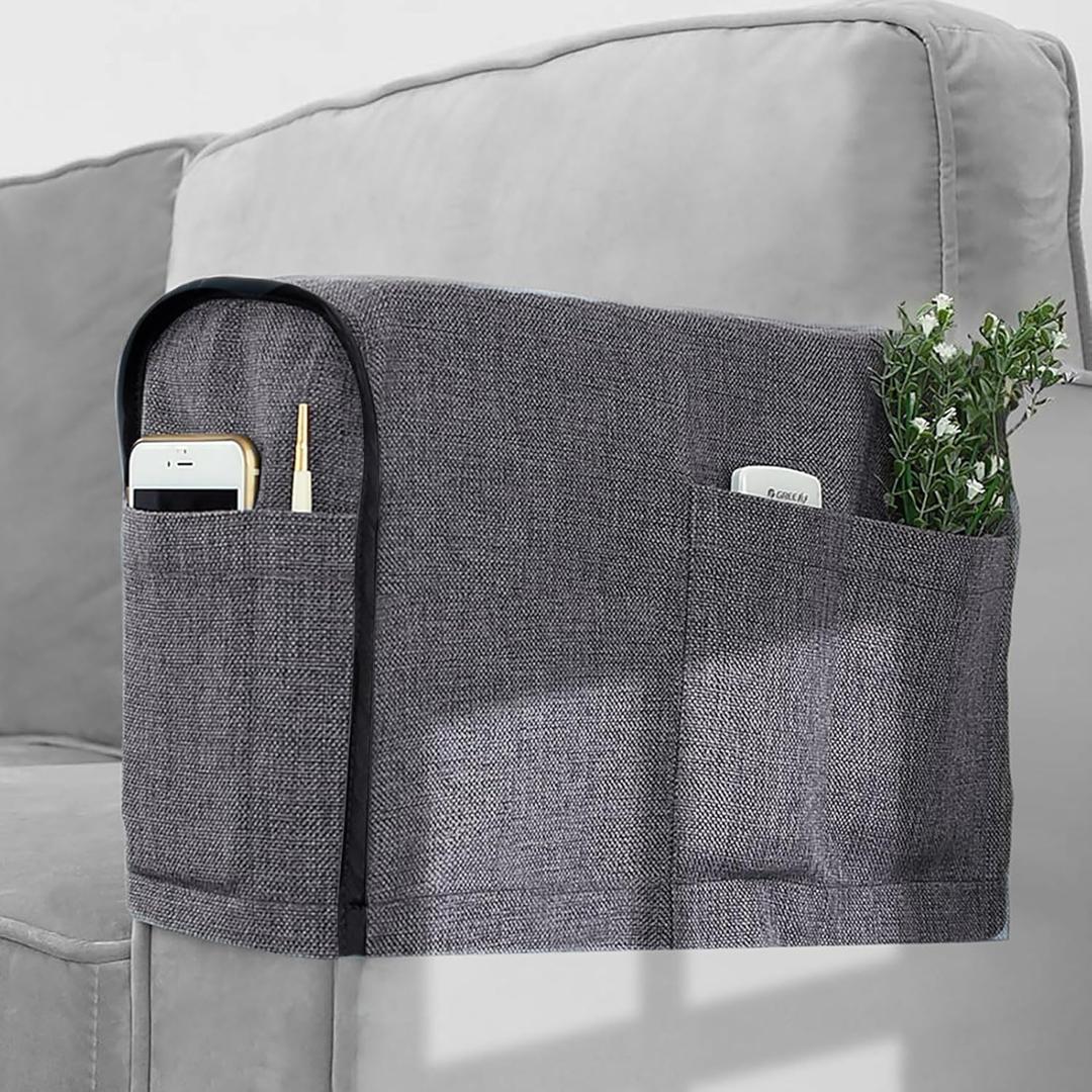 Joywell Recliner Narrow Linen Armrest Covers for Living Room Anti-Slip Sofa Arm Protector for Dogs, Cats, Pets Armchair Slipcover for Couch with 4 Pockets for TV Remote Control, Phone, Set of 2, Gray (6 inch width, Grey)
