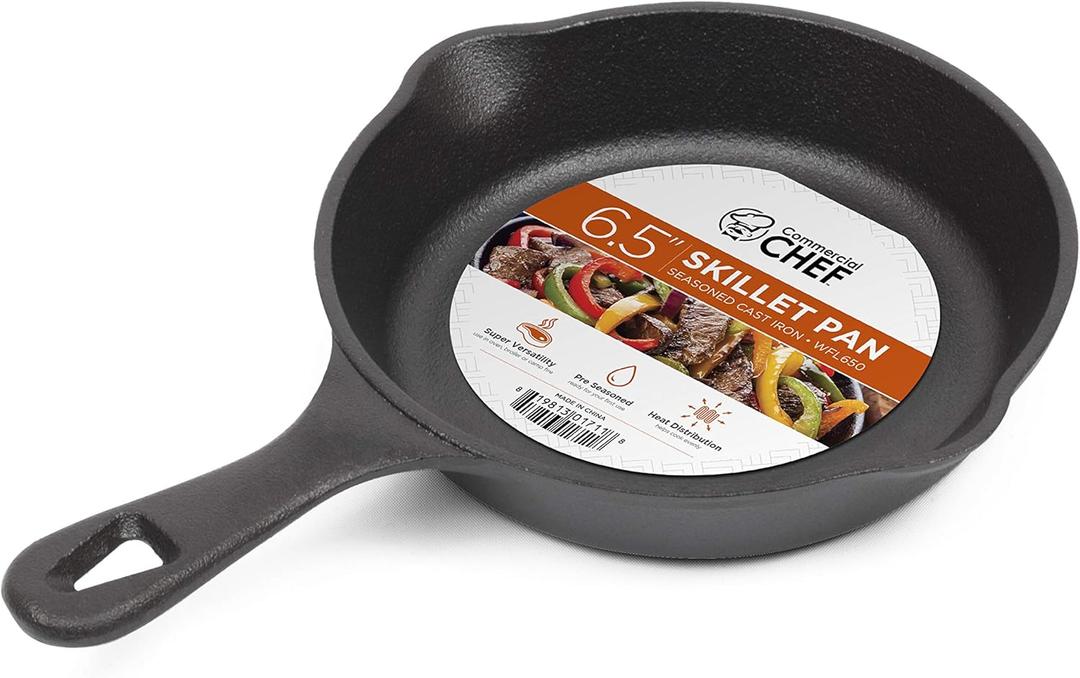 Commercial CHEF 6.5-Inch Cast Iron Skillet Pan, Pre-Seasoned Cast Iron, Integrated Hanging Hole in Handle, Works on All Cooktops Including Induction, Outdoor Skillet for Campfires or Grills, CHFL650