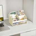Desk Organizer with 6 Compartments and 2 Drawers, Plastic Makeup Organizer, Pen Holder for Desktop Storage, Desk Organization for School, Home, Office Supplies (Ivory)