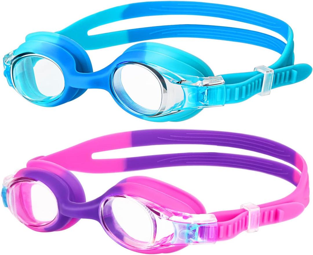 Kids Swim Goggles 2 Pack, Anti Fog No Leak Swimming Goggles for Boys Girls Ages 6-14, Wide View Swim Goggles Kids (Blue & Purple Pink)