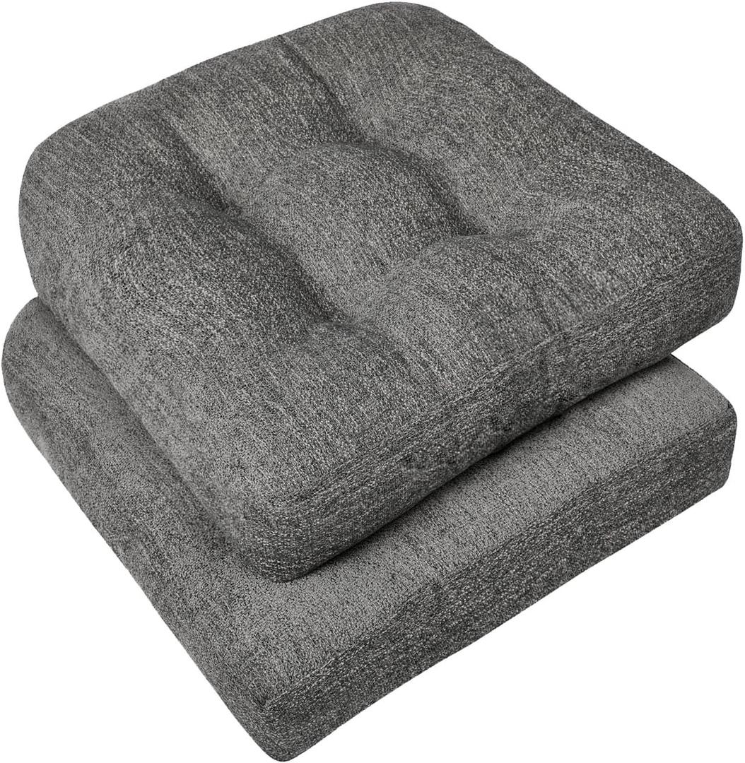 Downluxe Chair Cushions for Dining Chairs 2 Pack, Tufted Indoor Chair Pads with Non-Slip Bottom, U-Shaped Kitchen Chair Cushions, 17"x17"x4", Dark Grey