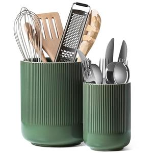 LE TAUCI Utensil Holder for Kitchen Counter, 7.3"+5.4" Fluted Ceramic Utensil Crock Organizer for Countertop, Heavy Large Holder for Spatulas, Spoons, Set of 2, Forest Green