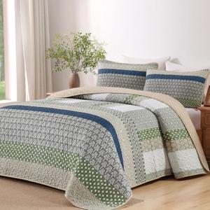 WONGS BEDDING Boho Quilt Queen Size, Bohemian Stripe Quilt Sets 3 Pieces Khaki Green Quilted Bedspread Set Lightweight Microfiber Coverlet Bedding Set All Season (96"x90")