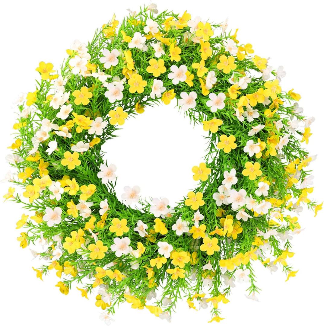 24 Inch White Yellow Artificial Forsythia Silk Front Door Wreath | Elegant White Yellow Silk Flower Summer Wreath, Decor for Wall, Farmhouse Indoor & Outdoor Home Decoration