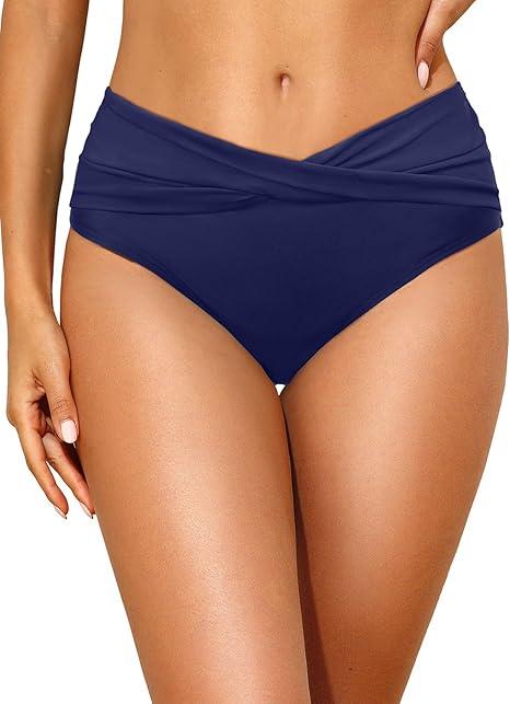 Tempt Me Women Mid Waist Bikini Bottoms - V Cut Bathing Suit Bottoms Twist Front Swimsuit Bottoms Ruched Swimwear 2025 (X-Large)