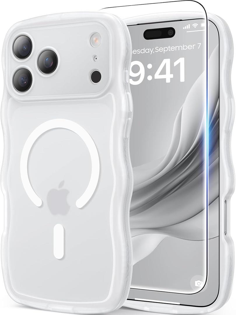 Magnetic for iPhone 17 Pro Max Case, Cute Wavy [Full Camera Protection][Fit for MagSafe] 1X Screen Protector + 1X Wrist Strap, Trendy Matte Women Girly Case for iPhone 17 Pro Max 6.9", Frosted White