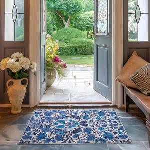 EVERGRACE Area Rugs for Entryway 2x3, Boho Floral Faux Wool Indoor Outdoor Small Rugs, Washable Rugs for Bedroom Bathroom Laundry Doormat, Low Pile Floor Mat Carpet for Home Decor, Celtic Blue