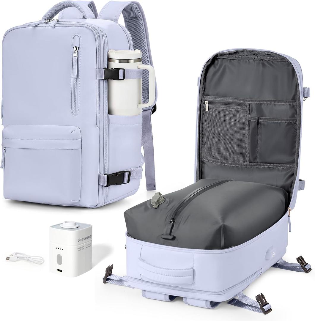 VGCUB Vacuum Backpack Travel with Pump, Vacuum Seal Compression Bags For Clothing Travel Essentials Carry on Luggage Laptop Backpack, Waterproof Personal Item Bag for Women Men Purple Taro