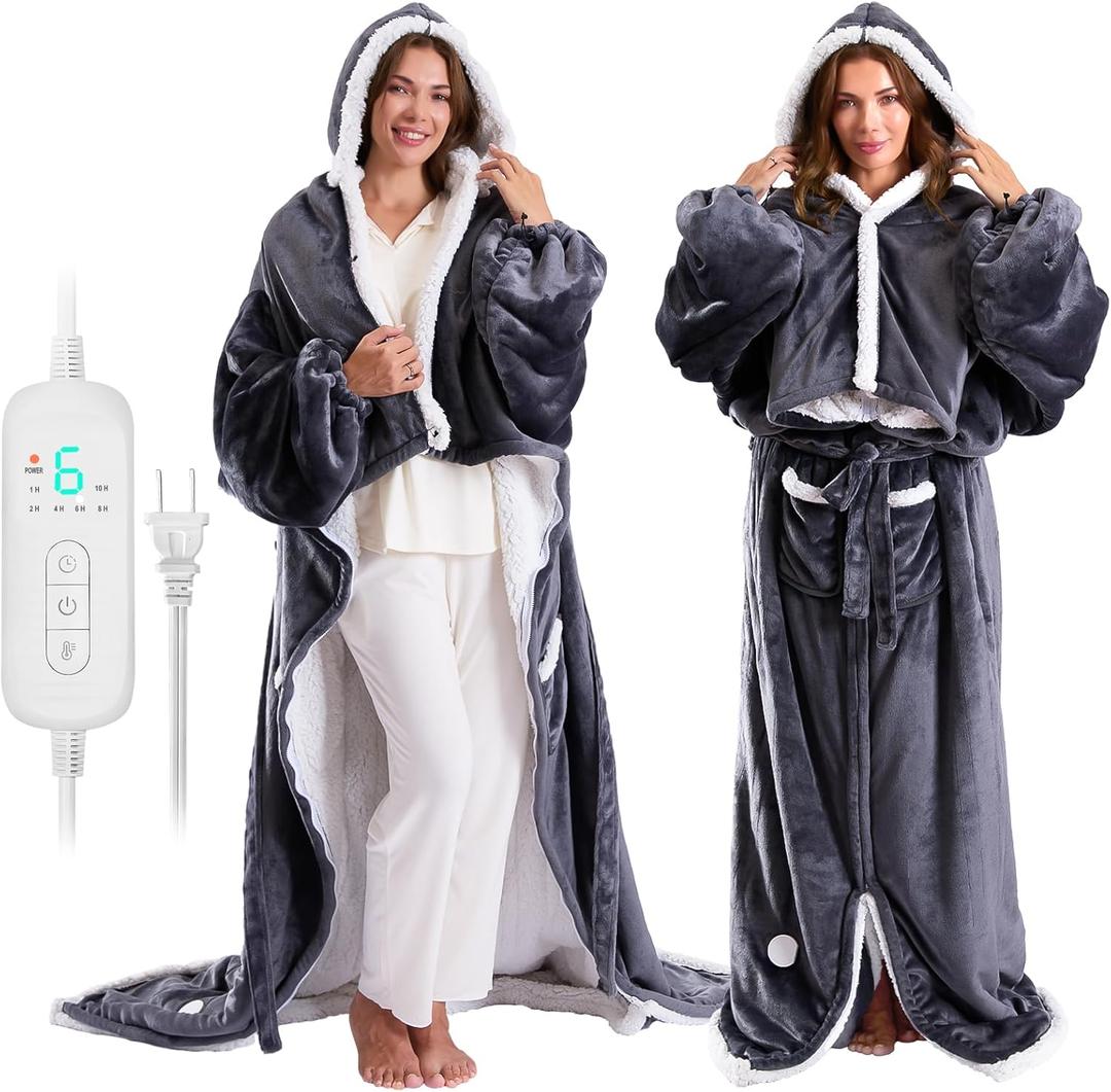 Wearable Heated Blanket Electric Snuggle Throw Blankets,Flannel&Sherpa Heating Blanket with Sleeves Foot Pocket (Gray)