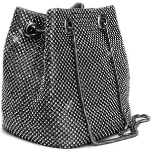 Women's Evening Bag- Upgraded Size Full Rhinestones Bucket Bag Shining Bag Shoulder Bag for Party Wedding Date Night (Large (7.9''x7.9x5.1''), Black)