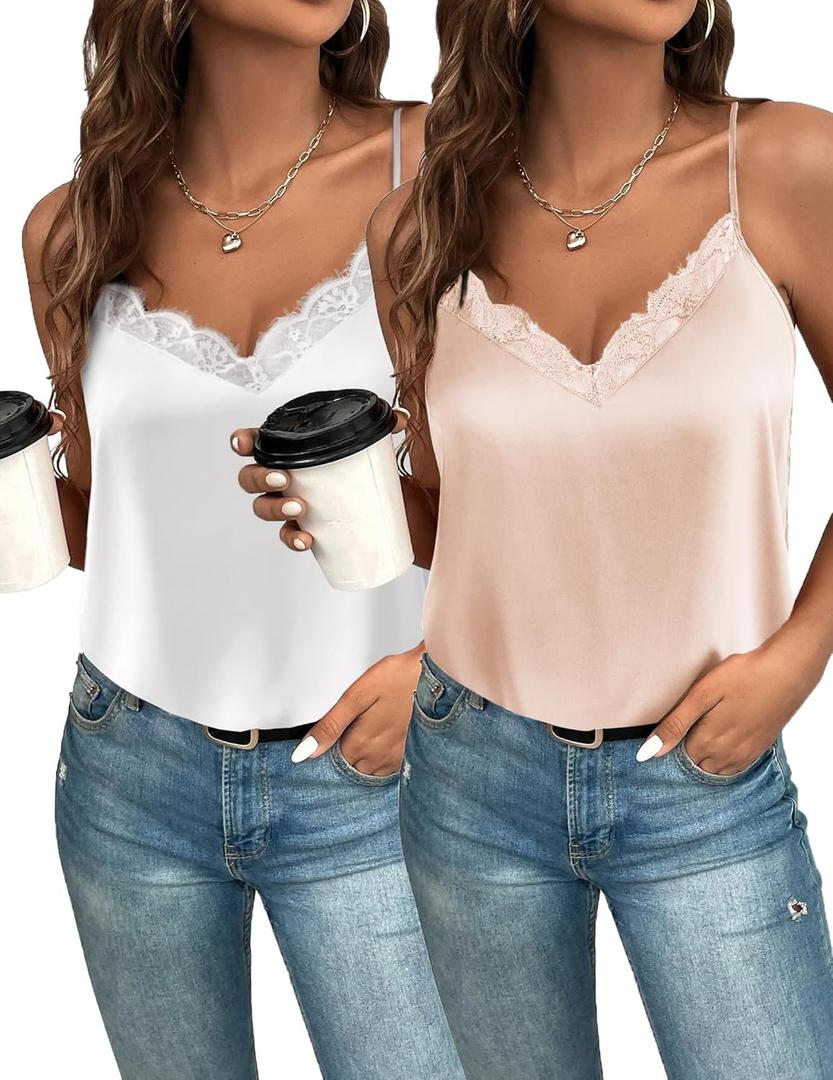 Zeagoo Camisole Tops for Women Slik Satin Spaghetti Strap Tank Top Lace V Neck Cami 2 PCS (Small)